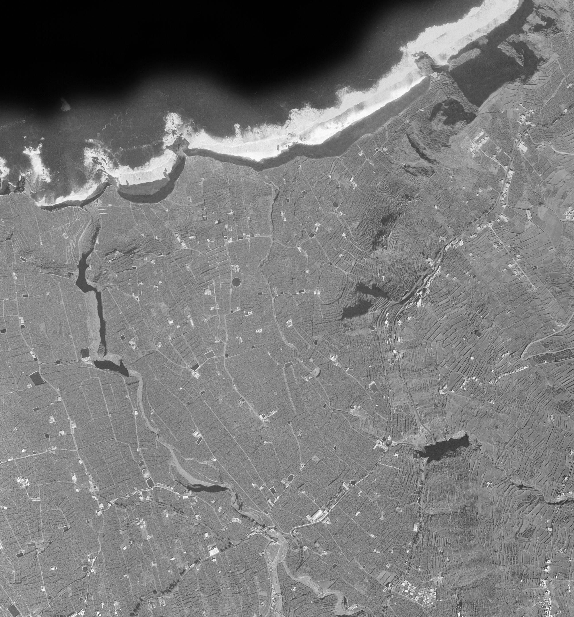 Foto aérea en blanco y negro de El Rincón en 1964, todo fincas y todavía sin autopista