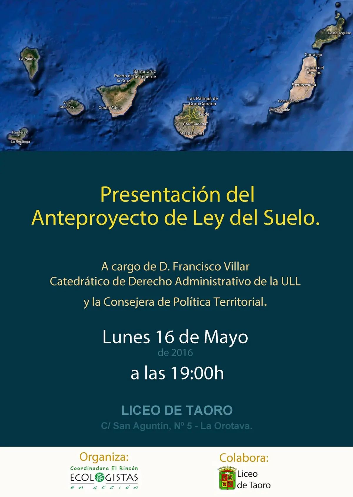 Cartel del evento - 1ª Charla |Presentación del Anteproyecto de Ley del Suelo