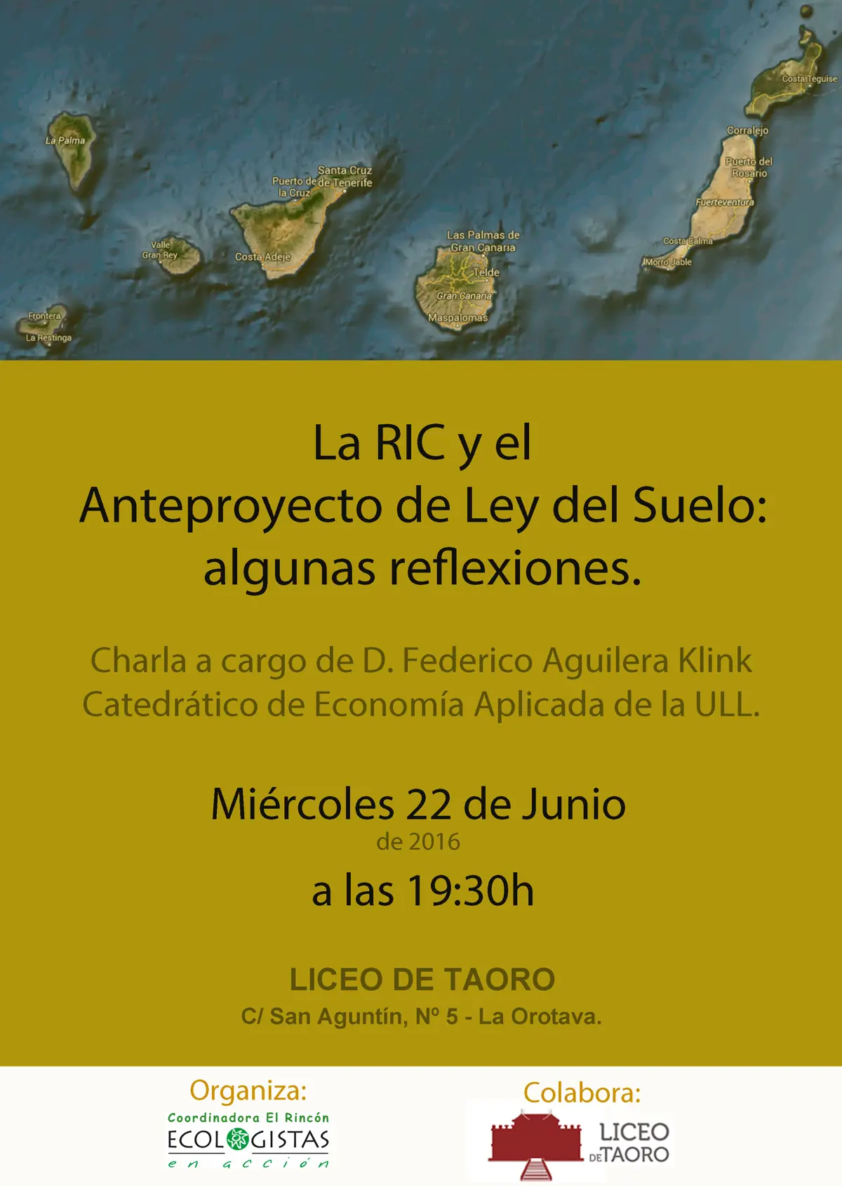 Cartel del evento - 2ª Charla | La RIC y el Anteproyecto de Ley del Suelo