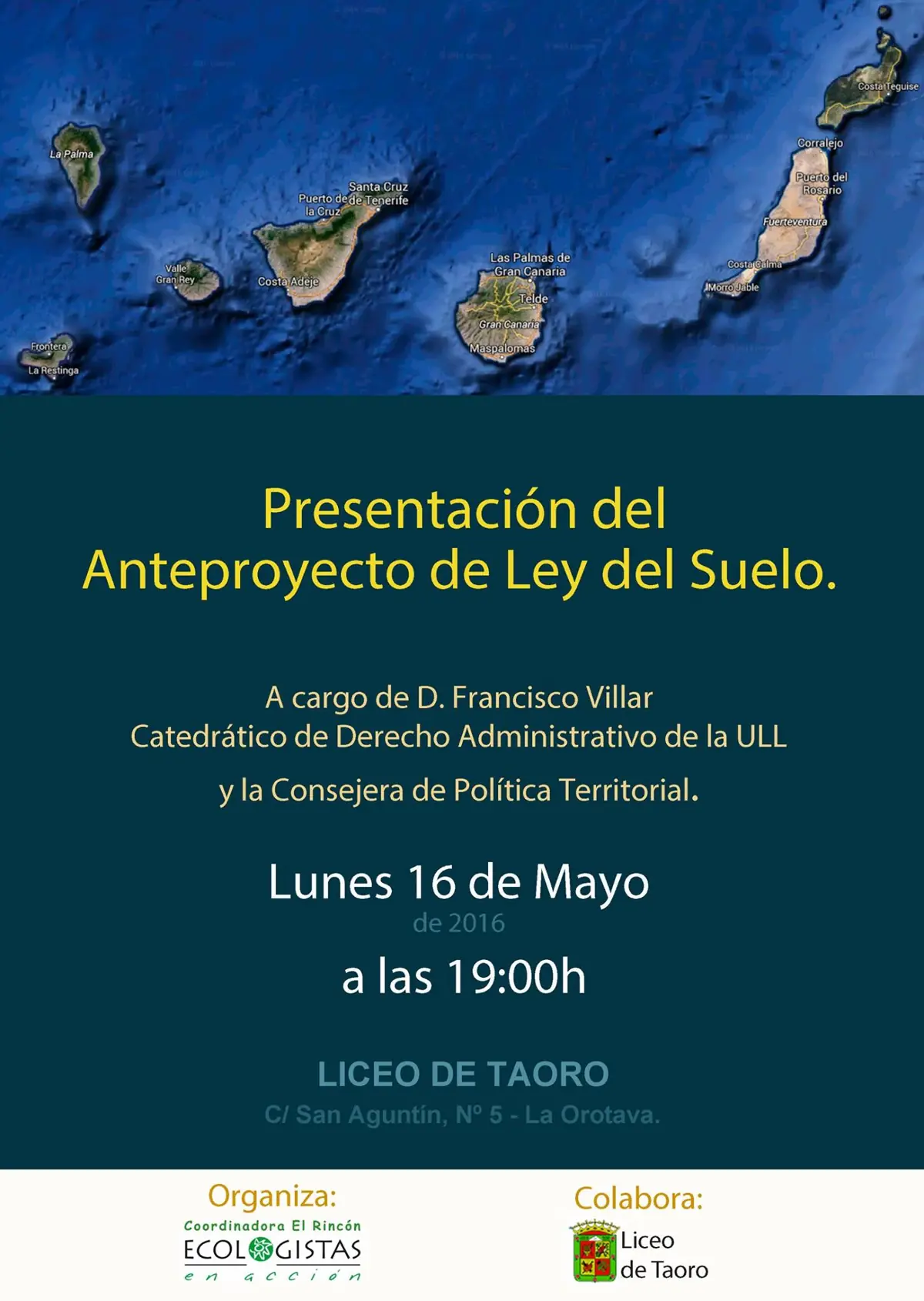 Cartel del evento - 1ª Charla |Presentación del Anteproyecto de Ley del Suelo